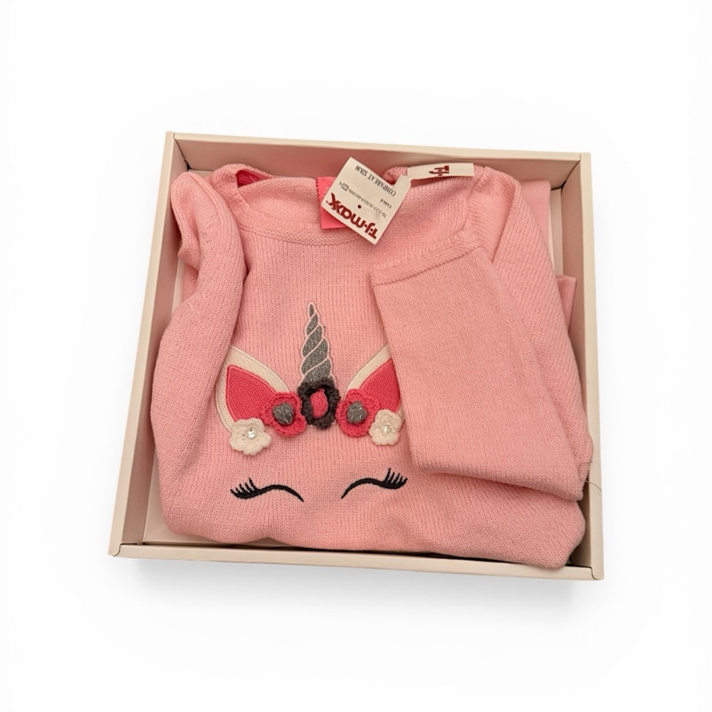 Isaac Mizrahi Girls Unicorn Dress Set Pink Knit w Tights Gift Box Size 5-6